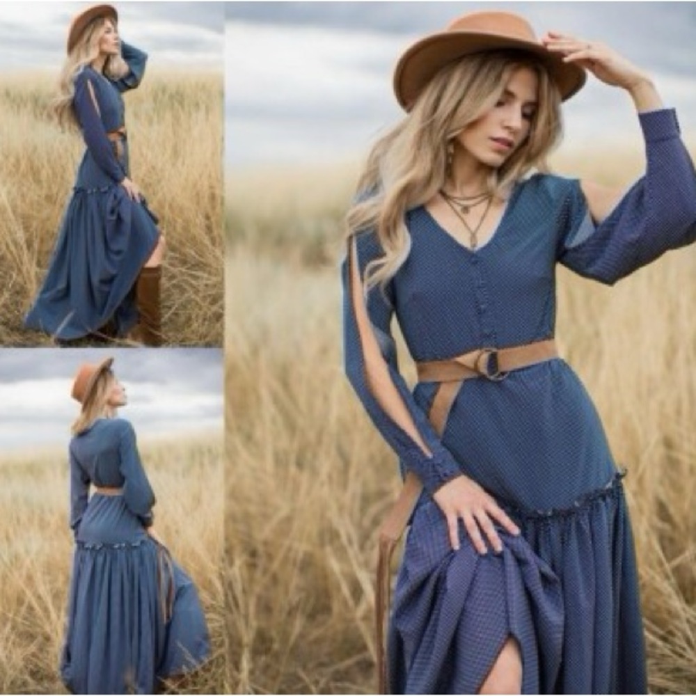 Mia Joy Polka Dot Blue Bohemian Tiared Maxi Dress Size Small